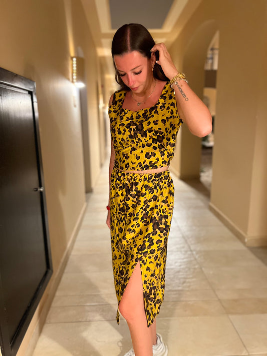 Cheetah Slit Midi Skirt - Yellow